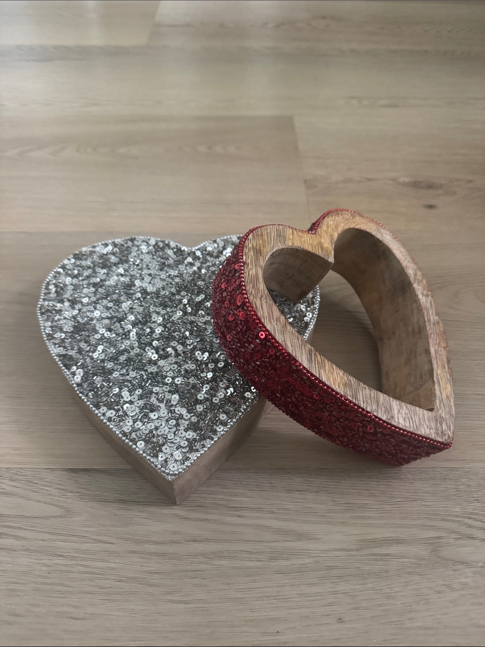 Silver Sequin & Red Glitter Wood Hearts